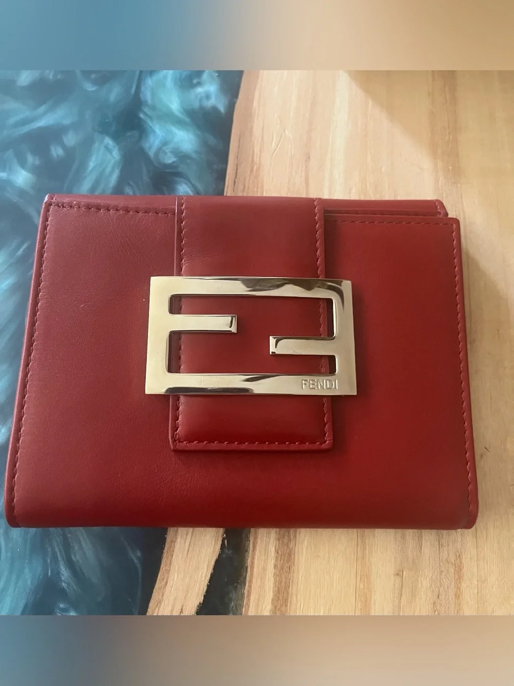 Fendi FF Logo Red Leather compact Wallet with Gold Logo Buckle